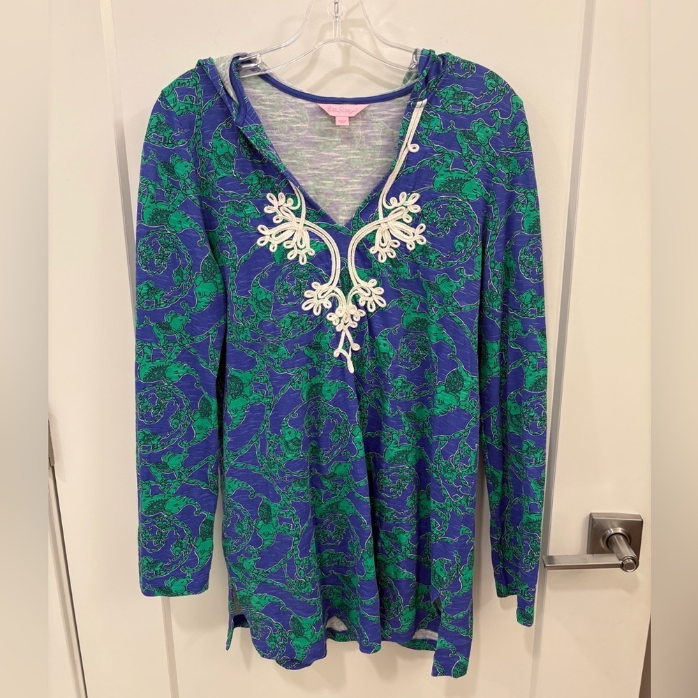 Lilly Pulitzer Noelle Hooded Coverup Tunic in Loopy Elephants Size Large - Picture 2 of 14